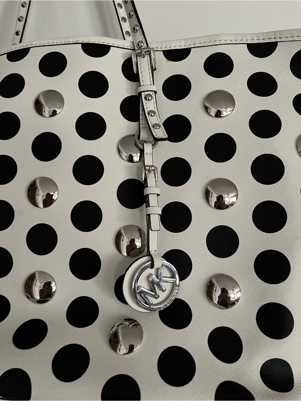 Michael Kors White and Black Polka Dot Tote with Silver Studs